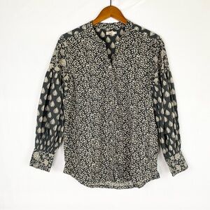Faherty Adalyn Blouse Organic Cotton Leaf Batik Size Small Black